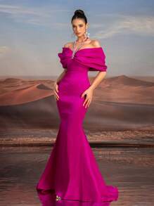 Glamrae 优雅的紫色项链，夸张的蝴蝶结，露肩，紧身胸衣，高腰，及地鱼尾礼服，适合约会、单身派对、婚礼、庆典活动、舞会晚礼服、婚礼嘉宾、毕业典礼、晚宴 - 中紫紅色 - 查看 8