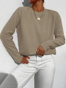 SHEIN LUNE 女士纯色简约休闲长袖套头毛衣，针织套头衫，秋冬款 - 卡其色 - 查看 1