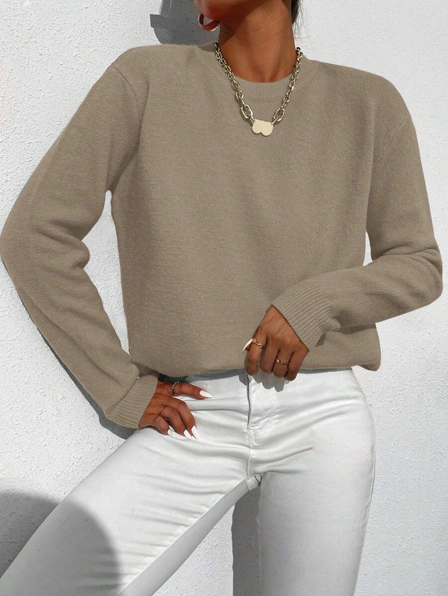 SHEIN LUNE 女士纯色简约休闲长袖套头毛衣，针织套头衫，秋冬款 - 卡其色 - 查看 1