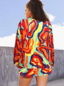 Maweii Plus Size Random Print Long Sleeve Shirt And Shorts 2pcs Set, Casual Holiday