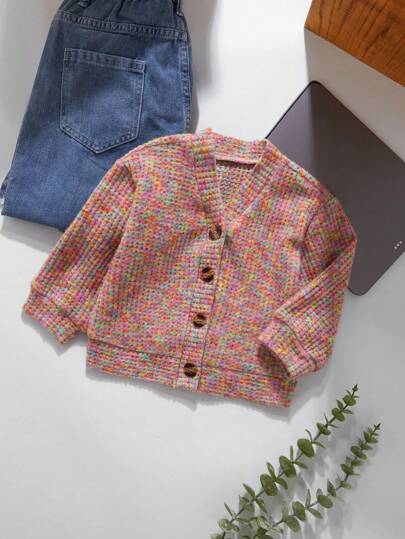 SHEIN 秋冬季女宝宝厚针织彩色华夫格图案开衫