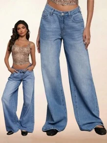 Forever 21 Quần Jeans ống rộng eo thấp cổ điển cho nữ - Màu xanh lam - Xem 2