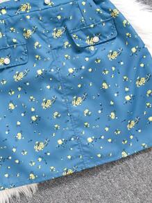 Tween Girls Sweet 2pcs Floral Print Denim Effect Button Front Bow Decor Short Sleeve Top And Mini Skirt Set - Blue - View 4