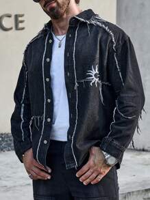 Manfinity LEGND Men Sum Embroidery Raw Trim Denim Shirt - Black - View 4