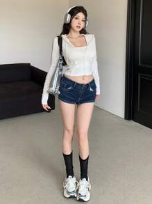 DAZY 女士休闲紧身撞色条纹短款连帽运动衫，春夏女式夹克，秋季女装 - 白色 - 查看 9