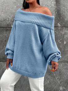 EURMUSE Plus Off Shoulder Foldover Sweater - Blue - View 4