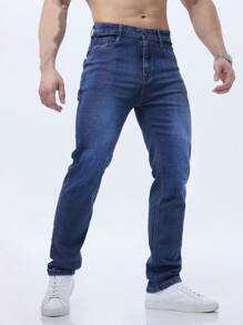 Men's Solid Color Stretch Jeans, Full-Length - Blue - View 3