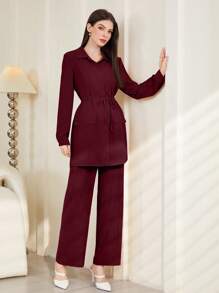 Mulvari 勃艮第红女士纯色简约休闲长袖上衣和裤子套装 2 件套 - 酒紅色 - 查看 5
