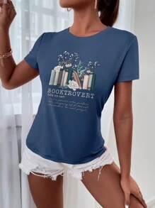 INAWLY 花卉和书籍印花休闲短袖圆领 T 恤女式图案 T 恤女式上衣 - 藏蓝色 - 查看 3