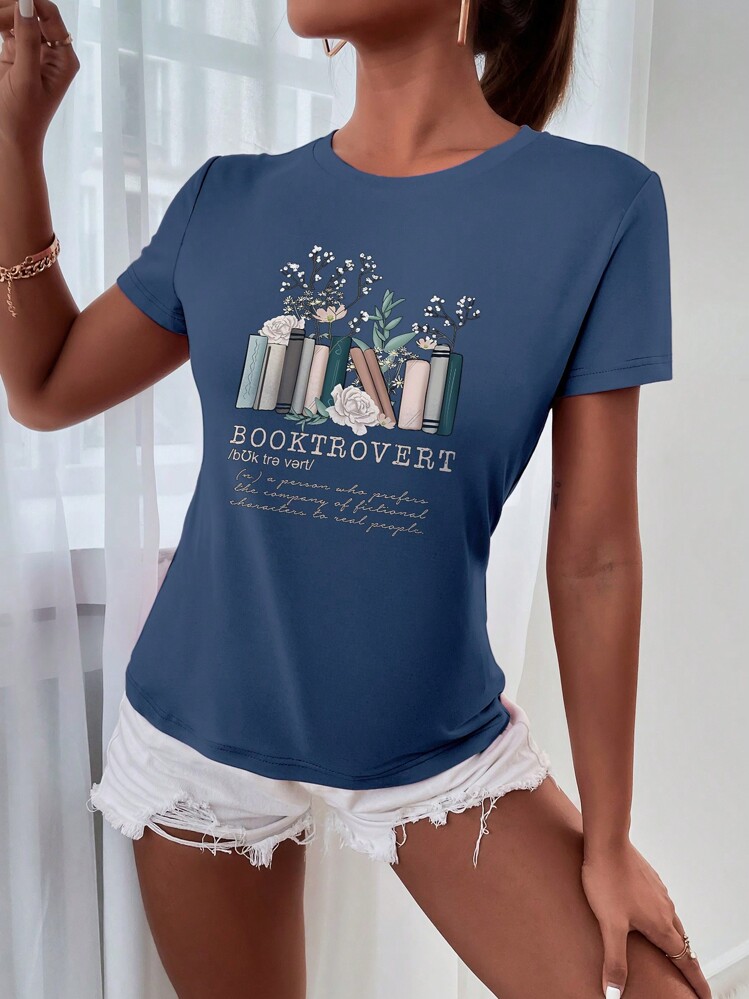 INAWLY 花卉和书籍印花休闲短袖圆领 T 恤女式图案 T 恤女式上衣 - 藏蓝色 - 查看 3