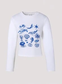 青少年女孩休闲时尚图案 T 恤，印有海星和鲸鱼图案，短款 - 白色 - 查看 6