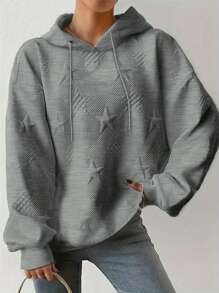 Plus Women's Solid Star Embossed Drop Shoulder Sleeve Drawstring Hooded Pullover Sweatshirt - Grey - View 1