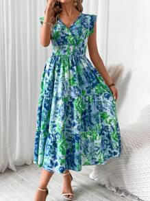Breezaya V領全印花荷葉邊連衣裙，適合假日穿著 - 青碧色 - 查看 4