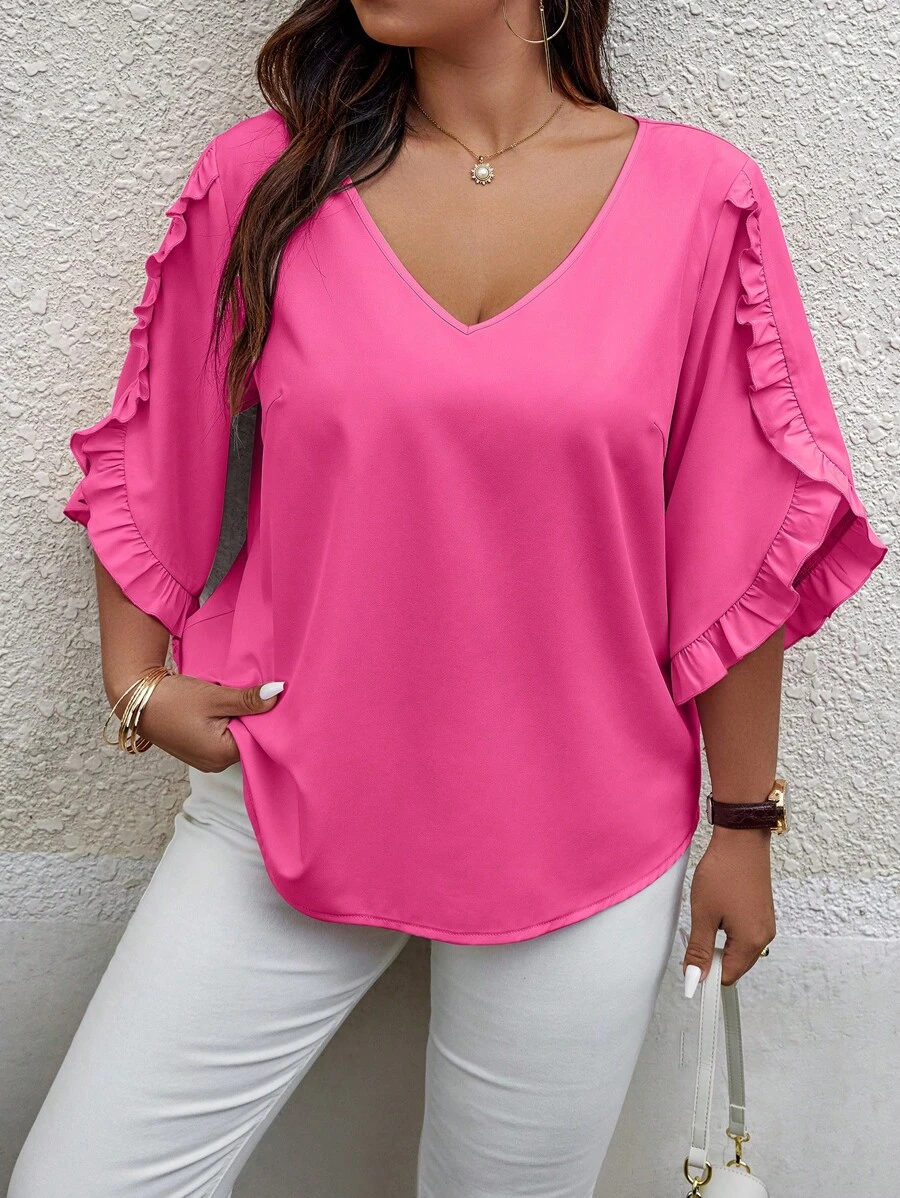 Calvaya 大码夏季休闲纯色荷叶边衬衫，情人节