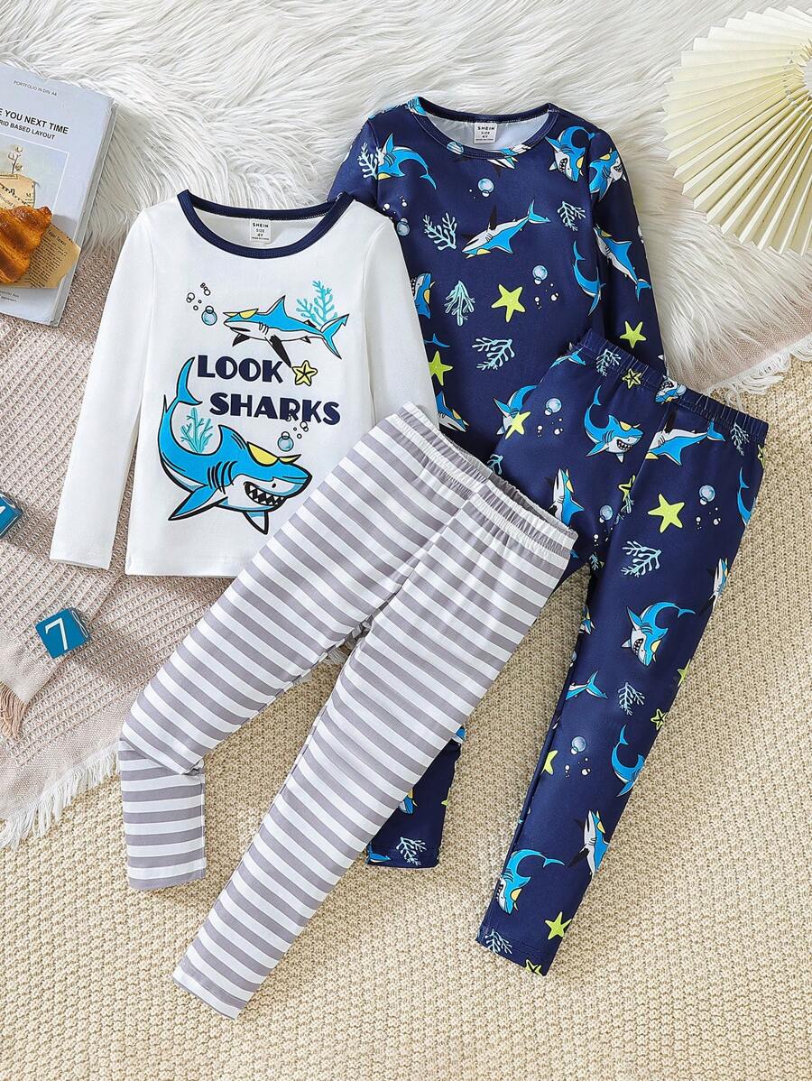 2pcs Young Boy Snug Fit Ocean Creature Print Long Sleeve T-Shirt And Long Pants Pajama Set - Multicolor - View 1