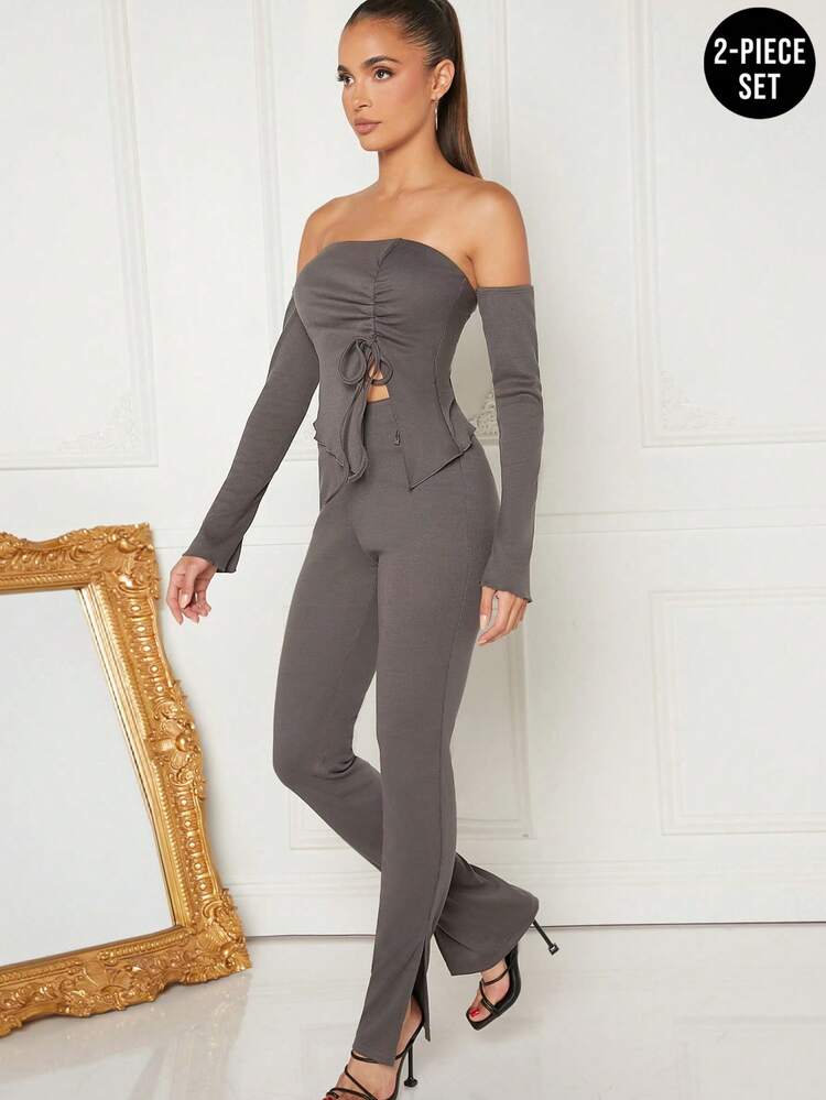 Women's Solid Color Off Shoulder Top And Split Wide Leg Pants 2-Piece Set