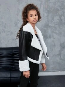 SHEIN Tween Girl 休闲拼色 PU 皮革摩托夹克，带保暖内衬 - 黑色 - 查看 5