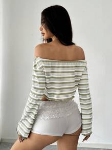 SHEIN Unity Green Striped Fabric Off Shoulder Casual Loose Cropped Long Sleeve T-Shirt - Multicolor - View 2