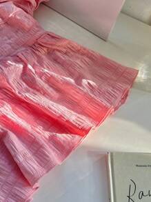 SHEIN Unity 宽松荷叶边纯色泡泡袖纽扣衬衫，中式领，夏季，短袖上衣 - 粉色 - 查看 4