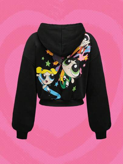 The Powerpuff Girls | ROMWE Women's Cartoon Print Loose Drawstring Zipper Front Cropped Hoodie, Long Sleeve Tops, For Spring Autumn, School