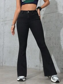 SHEIN PETITE Women Pocket Design Flared Casual Comfy Jeans Pants