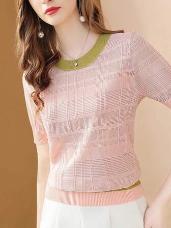 女士夏季撞色圆领休闲短袖针织上衣