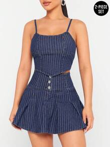 Denimoi Conjunto de 2 piezas de top de tiras y falda de denim a rayas