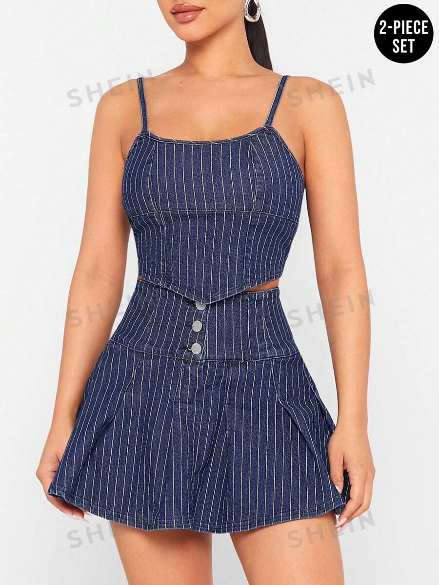 Denimoi Conjunto de 2 piezas de top de tiras y falda de denim a rayas