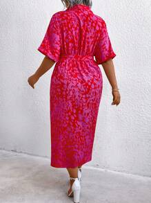 夏季大码休闲豹纹蝙蝠袖前扣衬衫裙