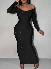 SHEIN SXY Women's Sexy Off-Shoulder Glitter Fitted Dress, Summer