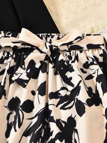 2 piezas/Set Camiseta de manga larga acanalada negra y falda larga con estampado gráfico con cordón en la cintura para adolescentes, conjunto elegante de otoño/invierno - Negro - Ver 3