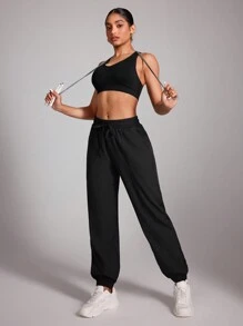 Powerista 素色腰部抽繩斜口袋運動褲 - 黑色 - 查看 3