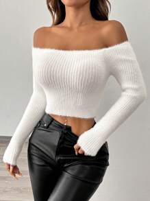 Chiquease Women Solid Color Ribbed Slim-Fit Off-Shoulder Short Sweater Knit Pullover Fall Winter Outfit