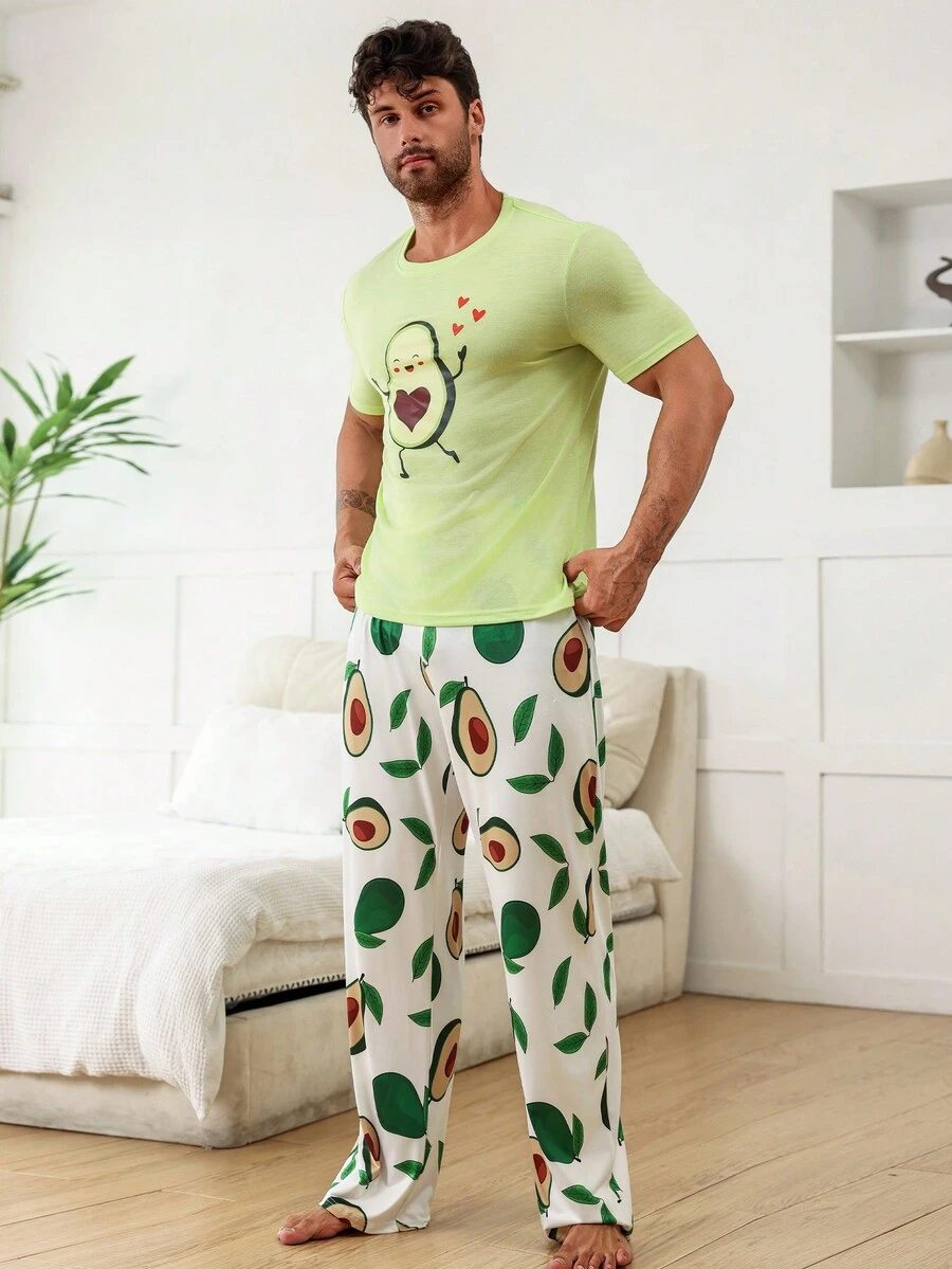 Men's Avocado Print Short Sleeve Pajama Set - Green - View 1