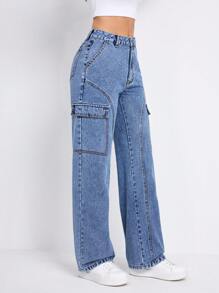 SHEIN EZwear 帶袋側邊貨褲牛仔褲 - 藍色 - 查看 7