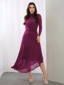 Modelyn 女士纯色立领不对称下摆连衣裙，春夏，优雅晚会礼服长款晚礼服 - 紅色 - 查看 7