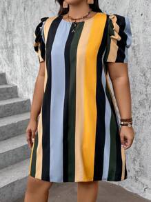 SHEIN VCAY Plus Size Vacation Casual Colorblock Stripe Puff Sleeve Dress - Multicolor - View 7
