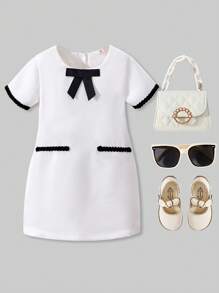 Colorblock Ribbon & Bow Decor Cute Parent-Child Sleeveless Dress For Young Girls, Summer - White - View 3