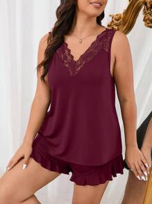 Plus Size Sexy V-Neck Lace Sleepwear Set - Burgundy - View 3