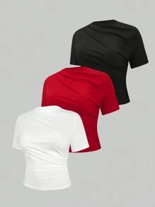 Celure Plus Size Women's Summer Pleated Solid Color Folding Collar T-Shirt - Multicolor - View 3