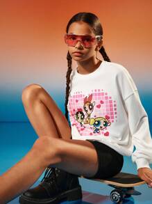 THE POWERPUFF GIRLS X SHEIN Sudadera oversized con estampado a cuadros blanco y rosa degradado y gráfico de dibujos animados para niña preadolescente - Blanco - Ver 5