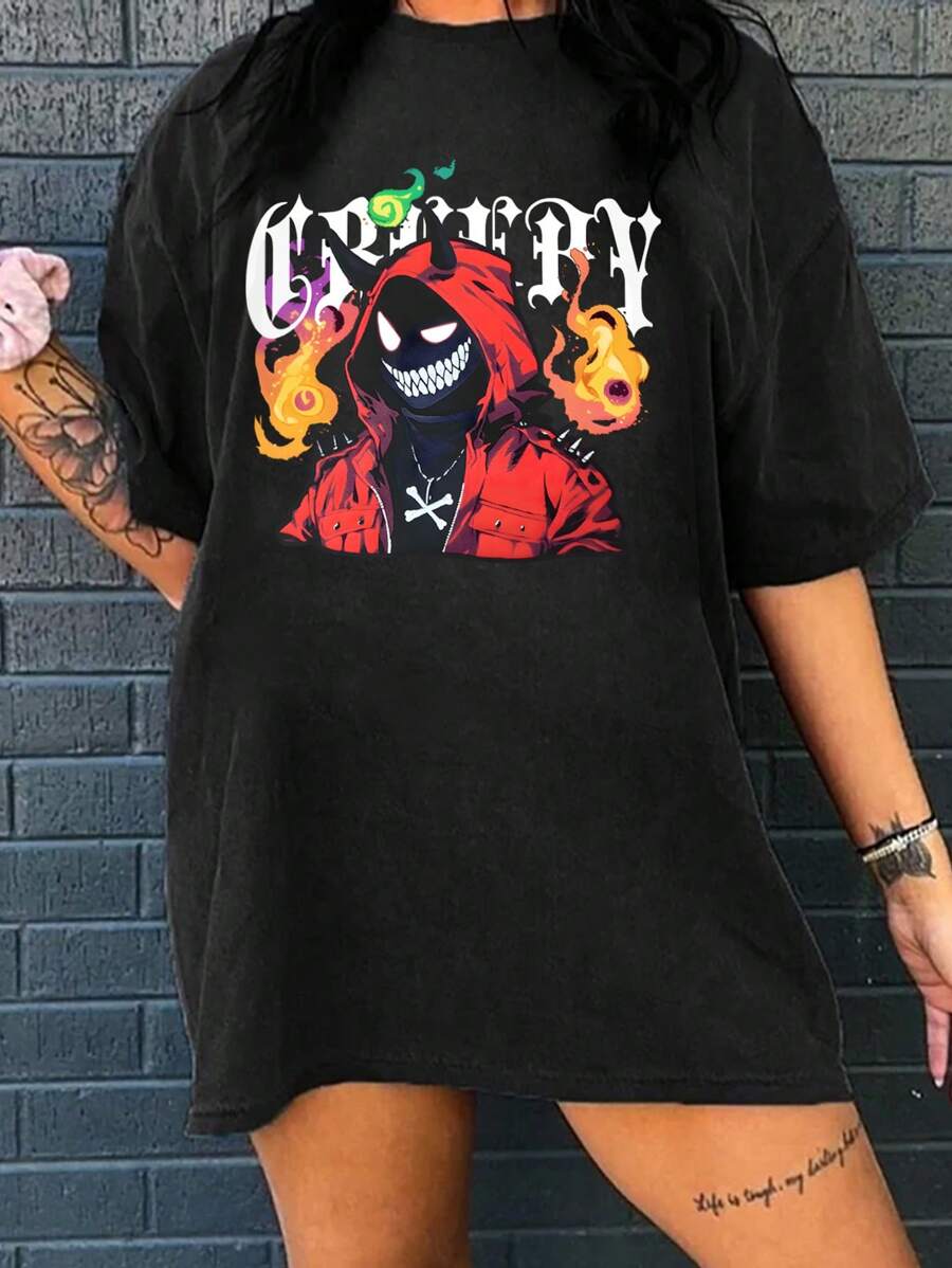 SHEIN Unity 女士夏季休闲卡通字母印花 T 恤 - 黑色 - 查看 1