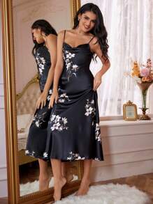 LuxeNights Floral Print Satin Cami Pajama Nightdress Long Dress Luxeloungewear, Vacation