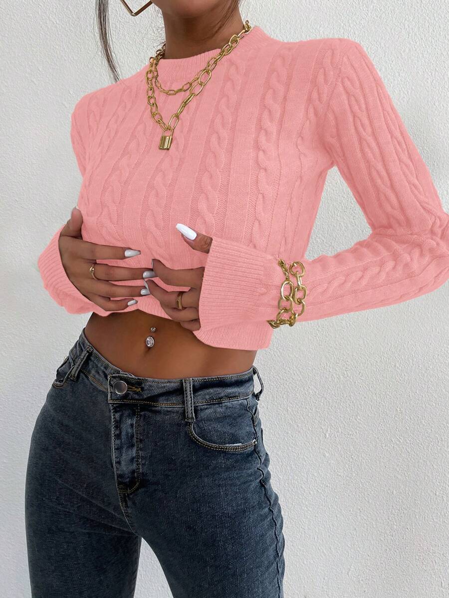 Chiquease Casual Solid Color Cable Knit Crop Sweater, Spring/Autumn Knit Pullover Fall Winter Outfit