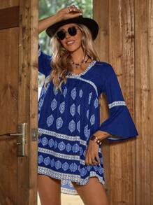 Breezaya 女式复古风格花卉印花 V 领简约休闲连衣裙波西米亚风