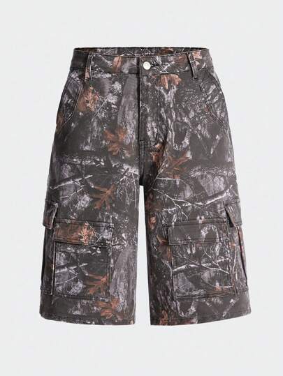 Street Life Men's Baggy Camouflage Printed Denim Capri Pants With Tree Branches Design