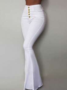 Women's High Waisted Button Up Front Flared Jeans - Slim Fit, Stylish-Fall Clothes For Women-Valentine's Day - White - View 7