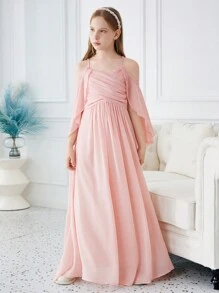 SHEIN Vestido De Chifón Con Volantes Y Pliegues Para Niña, Con Hombros Descubiertos Y Chal Para El Verano - Rosa - Ver 6