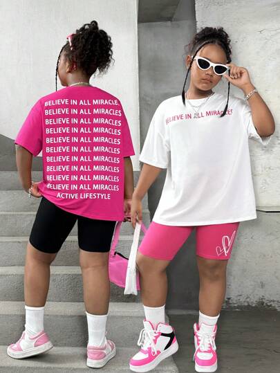 SHEIN 2pcs Tween Girls' Extended Size Casual Solid Color Round Neck Short Sleeve Tops, Spring & Summer