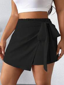 Elenzga Plus Size Women's Asymmetrical Hem Tie-Knot Side Casual Skort - Black - View 5